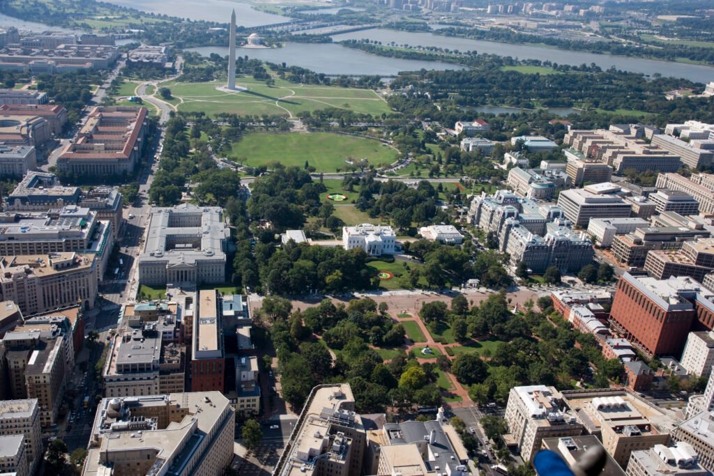 Aerial view over Lafayette Park, the White House and the National Mall in Washington DC