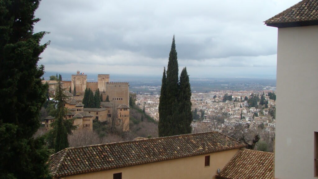Alhambra fortress and Albaicín hillside seen from the Generalife in Granada