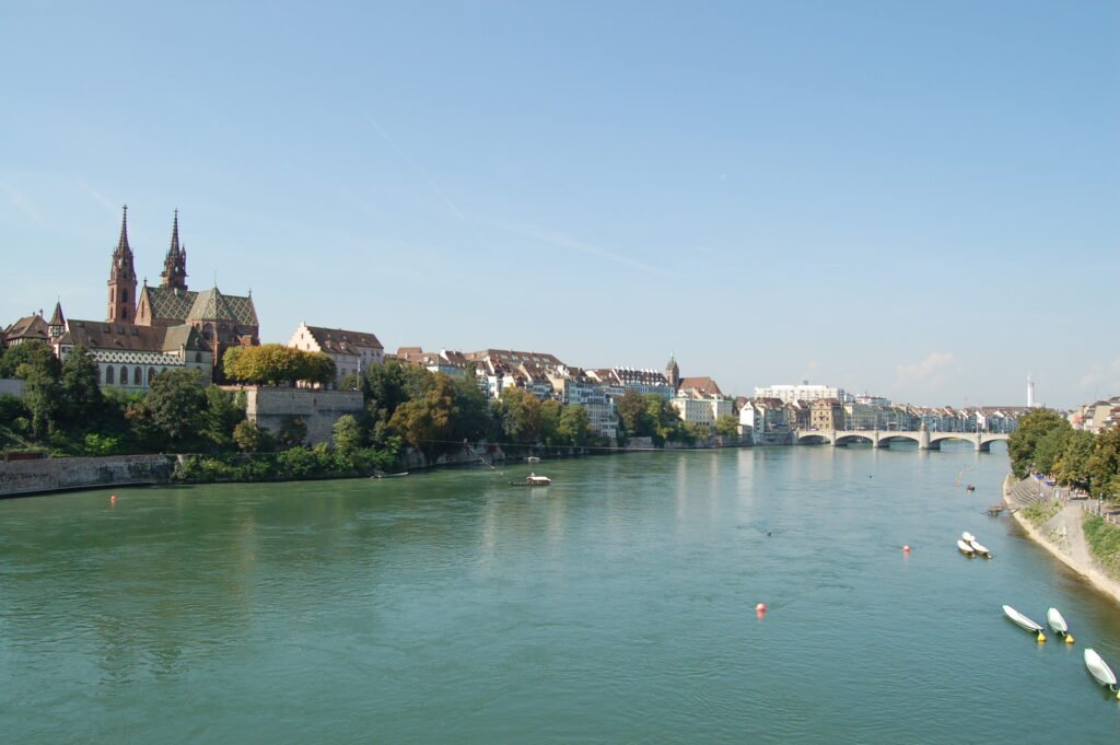 Rhine riverfront and central Basel cityscape