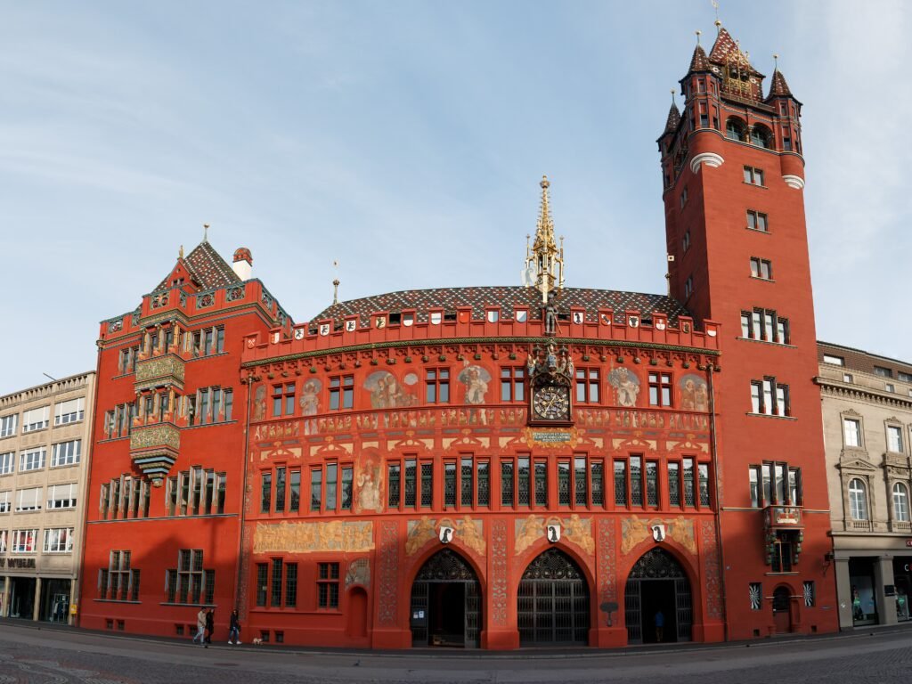 Red facade of Basel Town Hall on Marktplatz