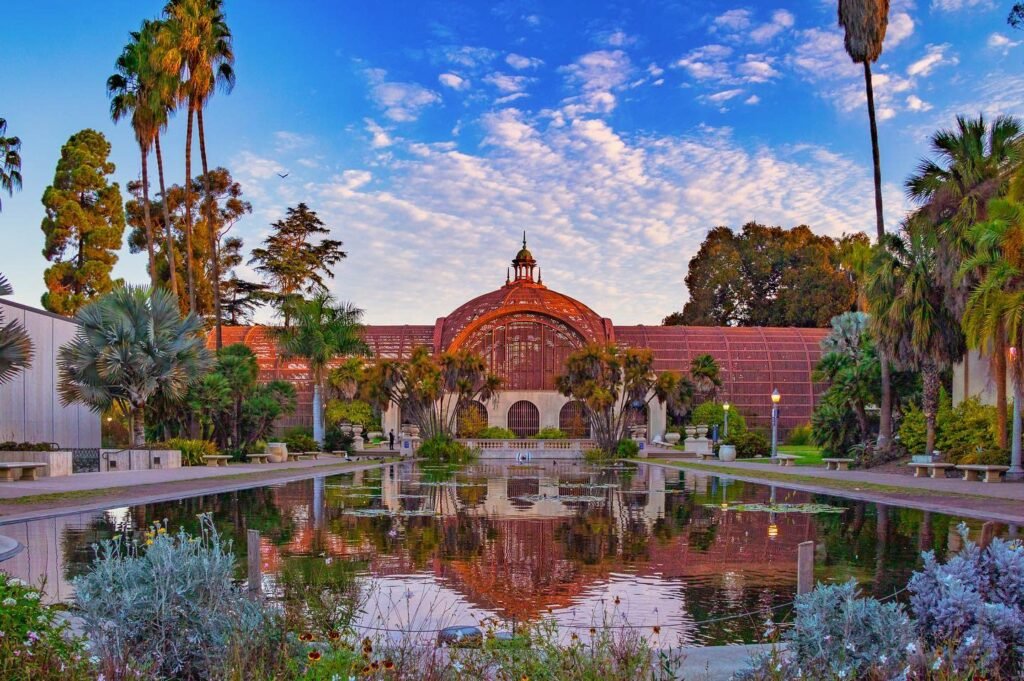 Balboa Park Botanical Building reflected in the Lily Pond