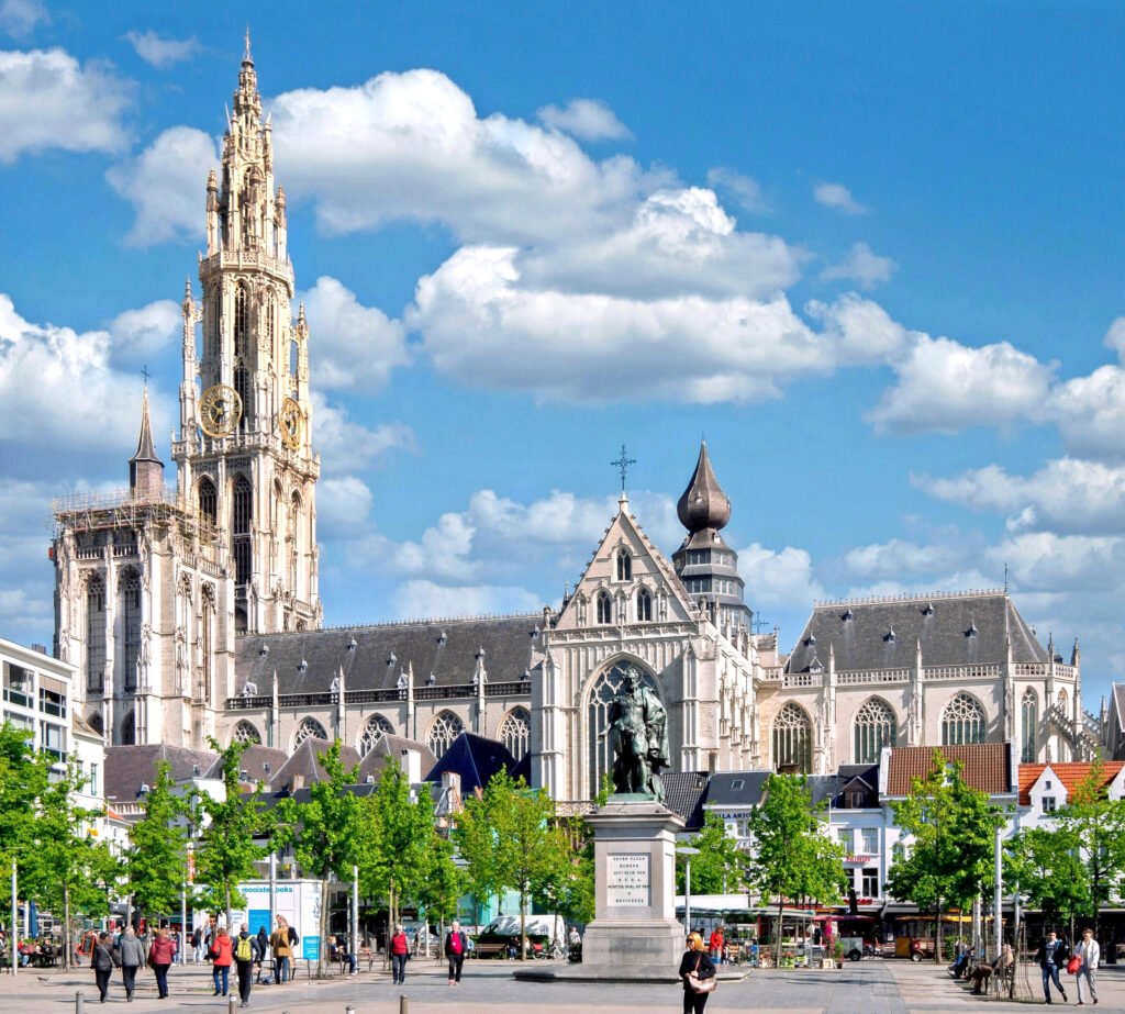 Cathedral of Our Lady rising above Groenplaats in Antwerp