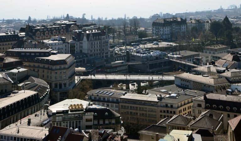 Layered streets and bridges of central Lausanne seen from the Cathedral