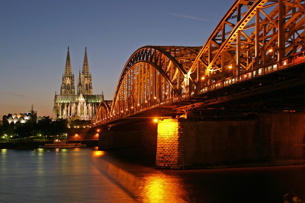 Cologne Cathedral and Hohenzollern Bridge seen across the Rhine from Deutz