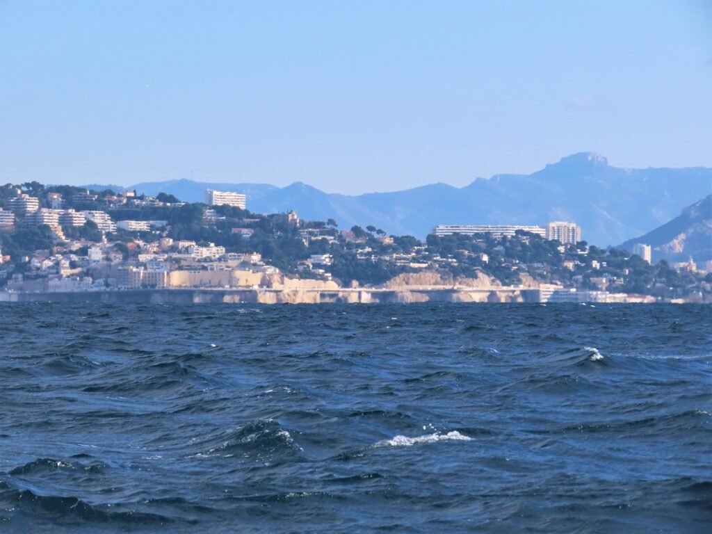 The Corniche road and Mediterranean shoreline along Marseille Bay
