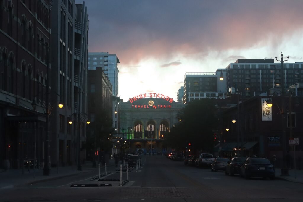 Denver Union Station viewed along 17th Street at night