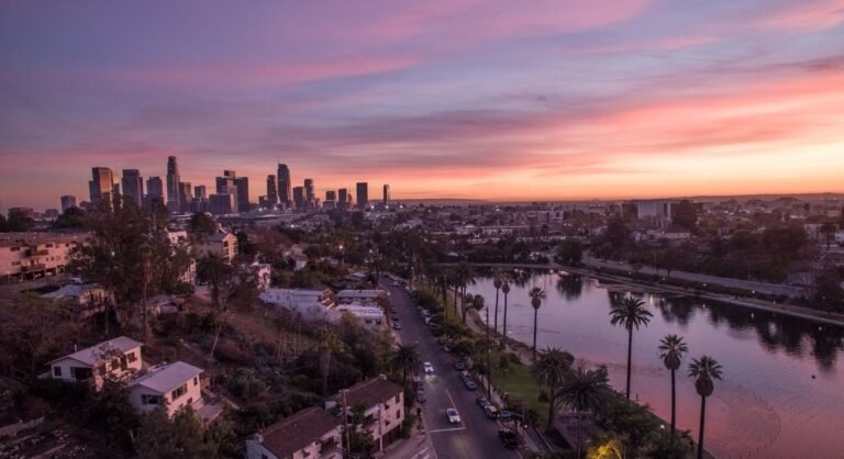 Downtown Los Angeles skyline beyond Echo Park Lake