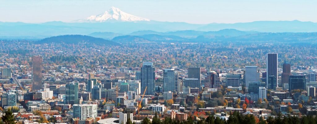 Downtown Portland skyline with Mount Hood in the distance