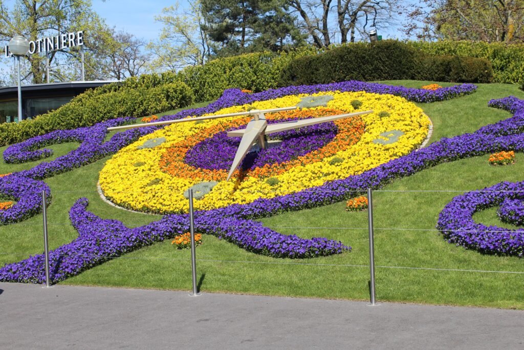 Flower Clock surrounded by seasonal planting in Geneva’s Jardin Anglais