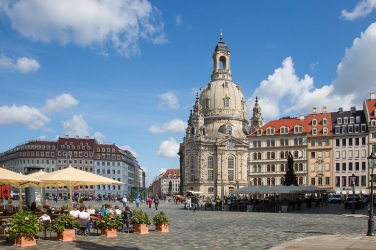 Frauenkirche rising above Neumarkt in Dresden's historic center