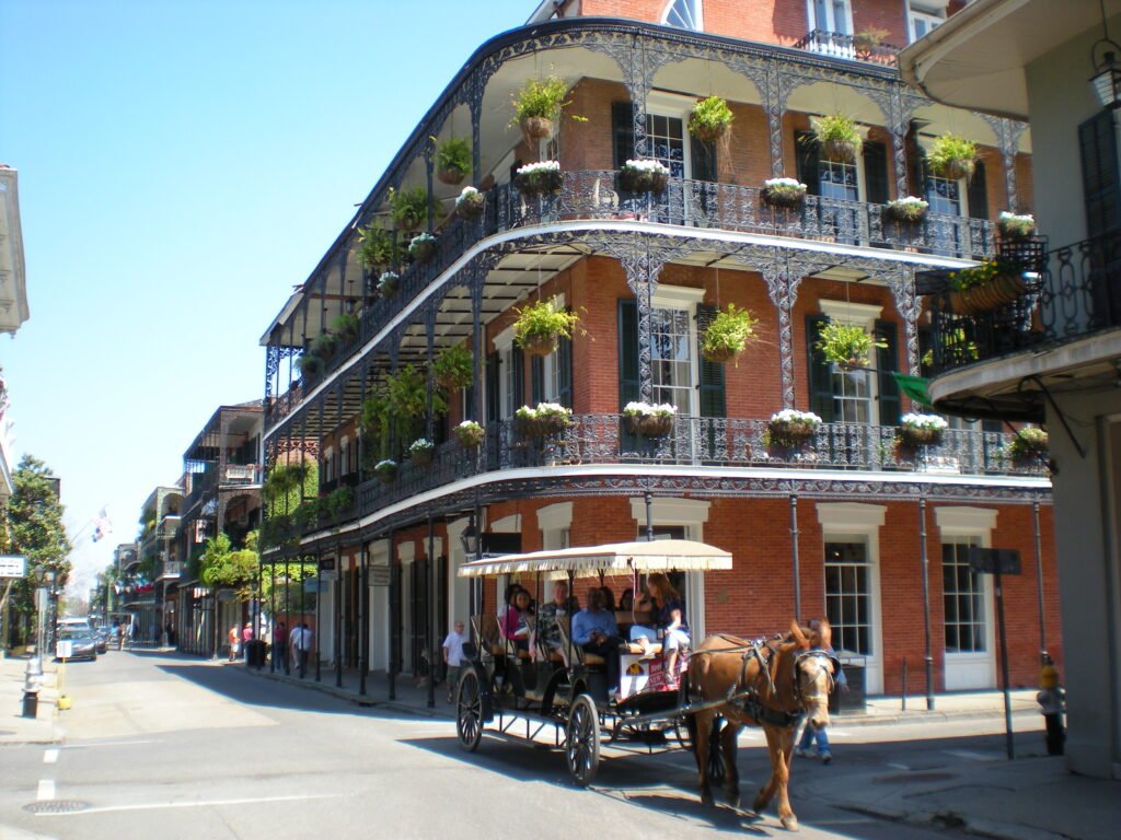 Wrought-iron balconies and historic buildings in the French Quarter of New Orleans