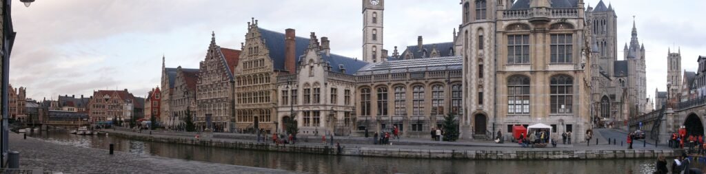 Historic guild houses along Graslei beside the Leie in Ghent