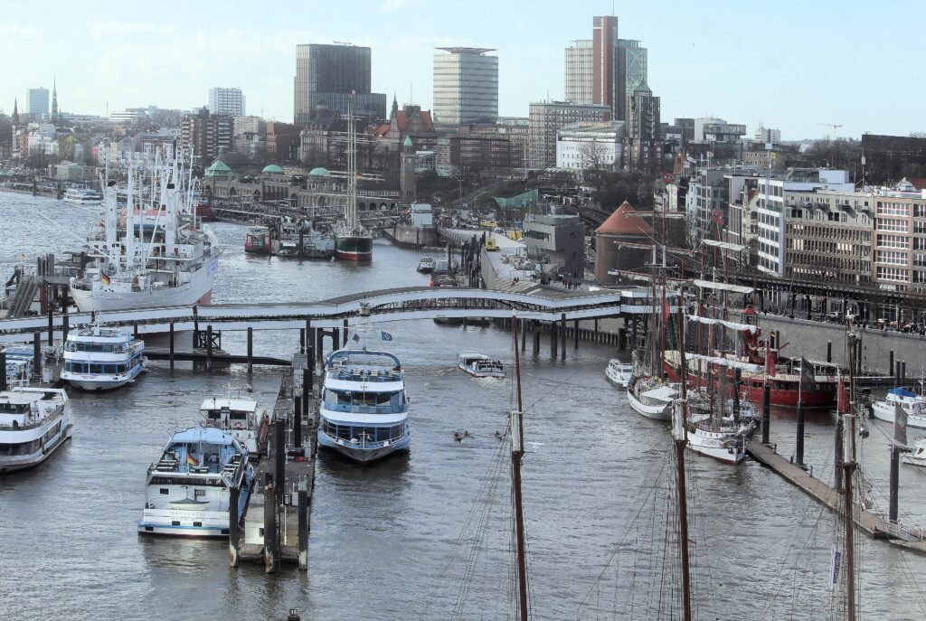Hamburg harbor and St. Pauli Landungsbrücken seen from the Elbphilharmonie