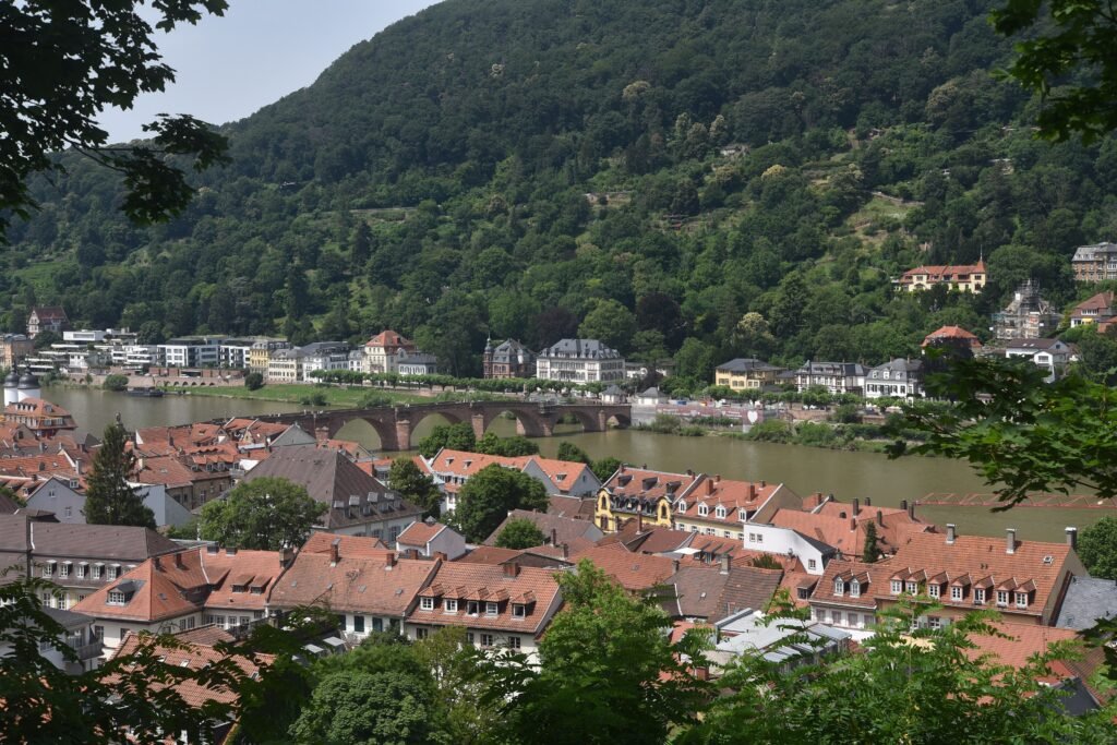 Heidelberg Old Town, Neckar and hillside viewed toward Philosophenweg