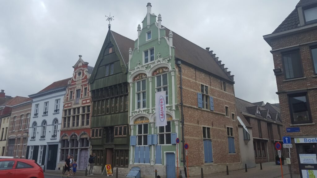 Historic stepped-gable houses at Haverwerf beside the Dijle in Mechelen
