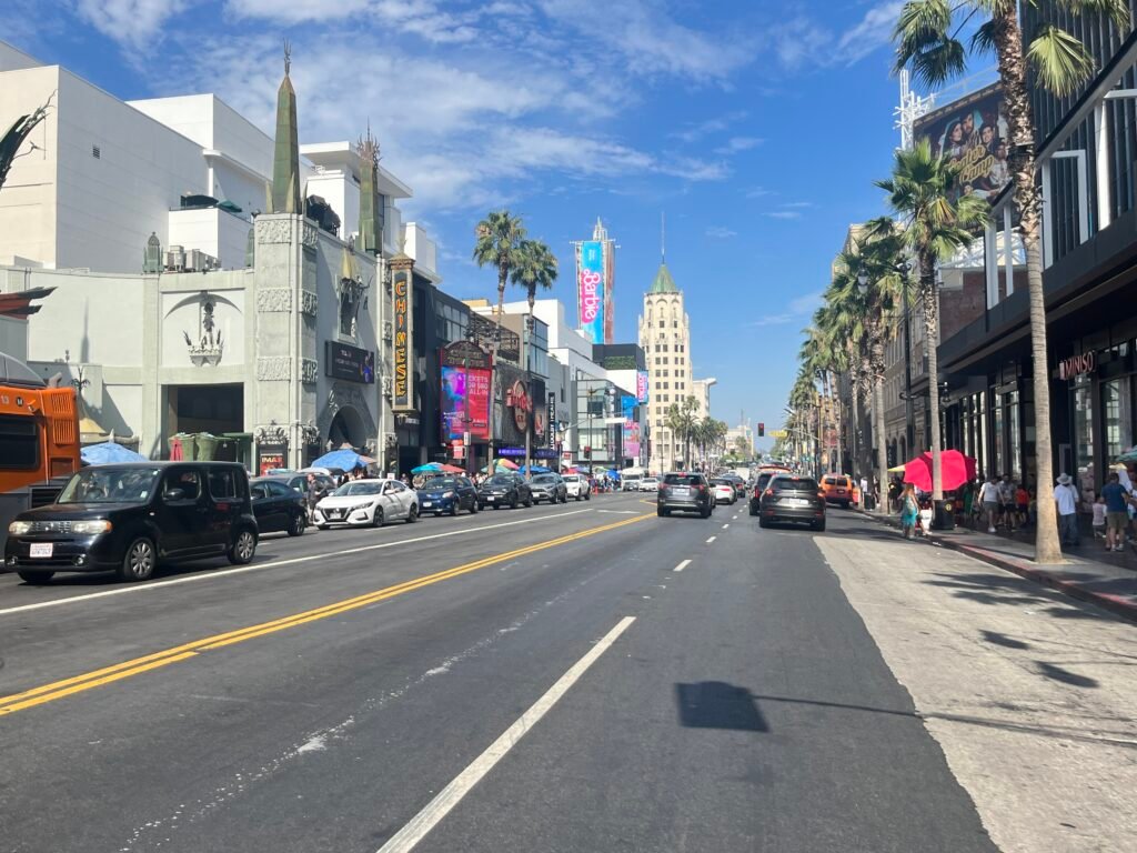 Hollywood Boulevard with theaters, palm trees, traffic and pedestrians