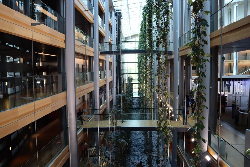 Glass and wood interior atrium of the European Parliament in Strasbourg