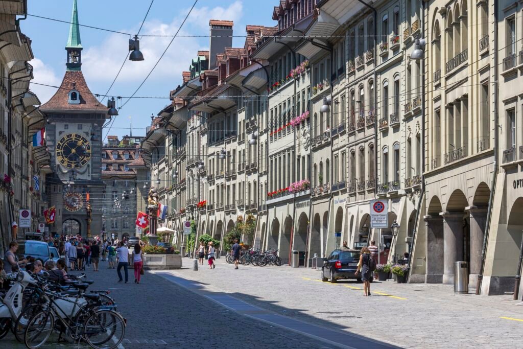Kramgasse in Bern with arcades and the Zytglogge clock tower