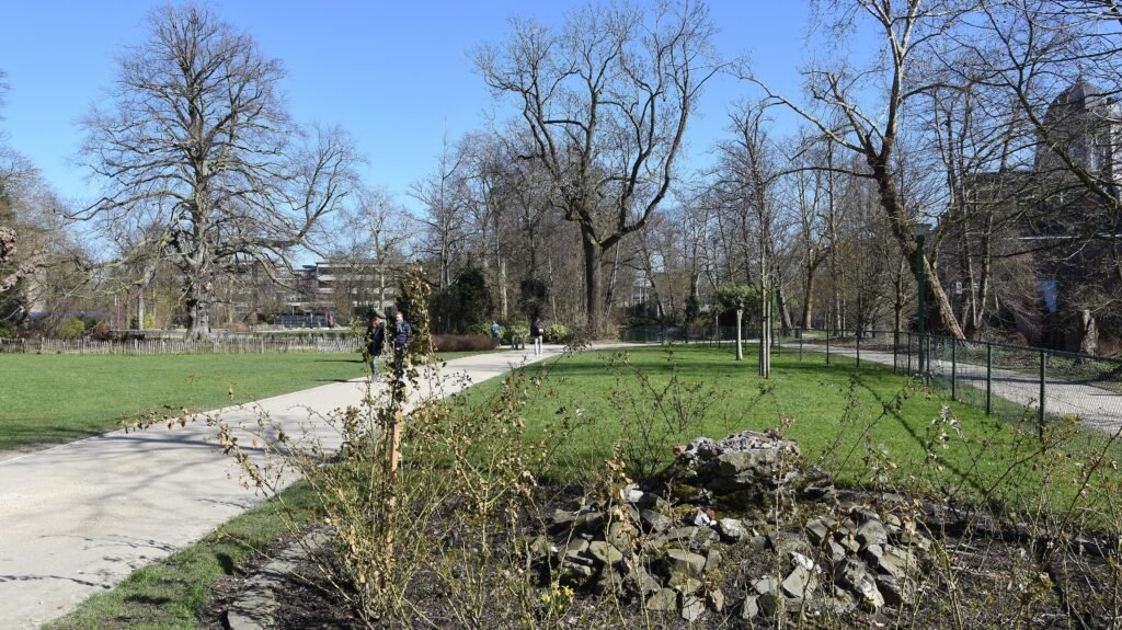 Green paths and trees in Kruidtuin park in Mechelen