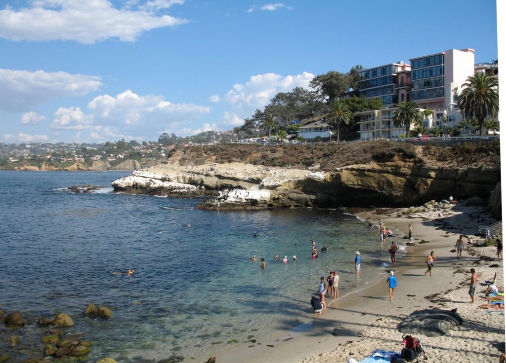La Jolla Cove and rocky shoreline viewed from the south