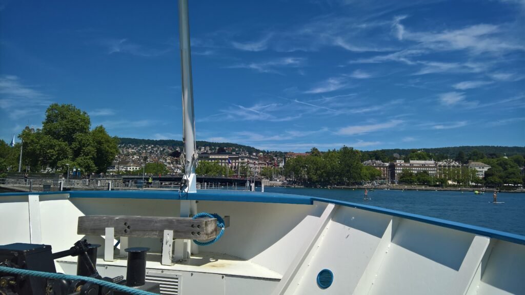 Lake Zurich shoreline at Bürkliplatz viewed from an excursion boat