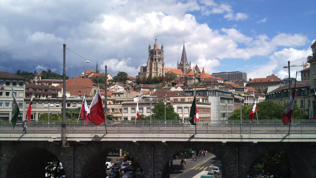 Lausanne Cathedral above the layered streets and bridges of the city