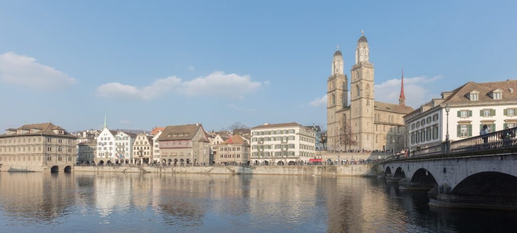 Limmat River through Zurich Old Town with Grossmünster beside the water