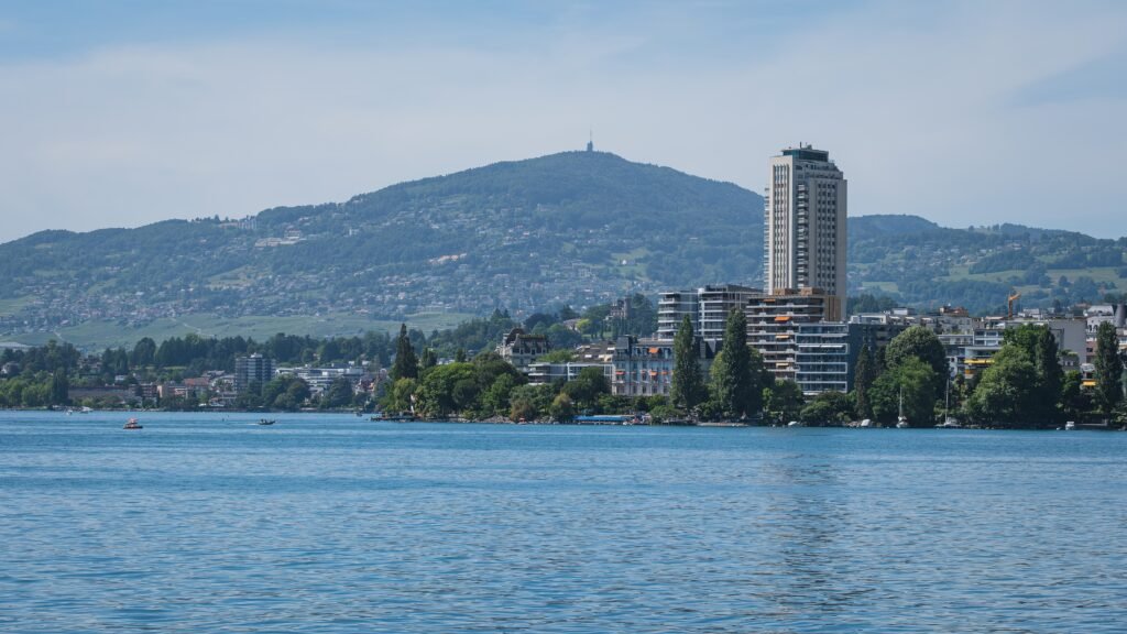 Montreux waterfront with the lakeside promenade and central buildings beside Lake Geneva