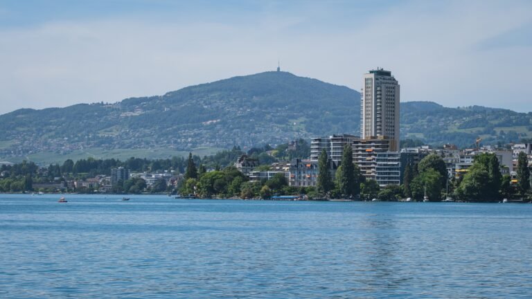 Montreux waterfront with the lakeside promenade and central buildings beside Lake Geneva