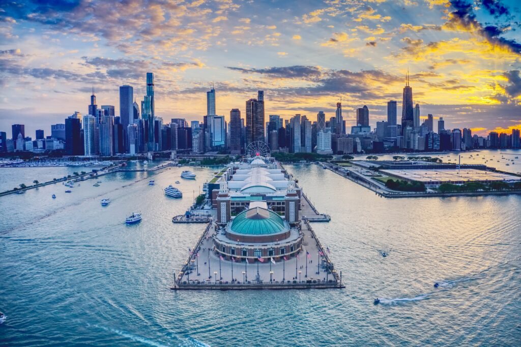Navy Pier extending into Lake Michigan on a clear summer day