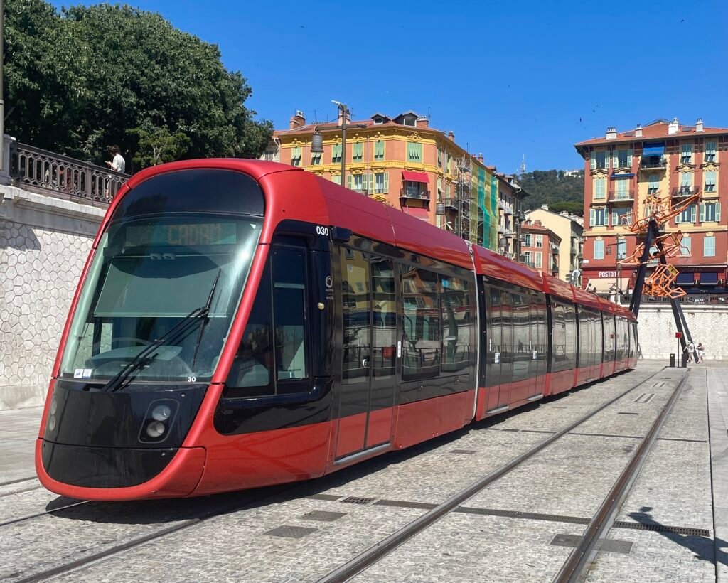 Nice Tram Line 2 turning near Port Lympia