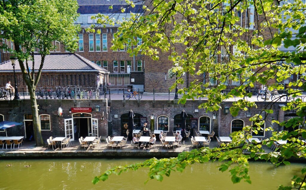 Historic buildings and the Oudegracht canal in central Utrecht