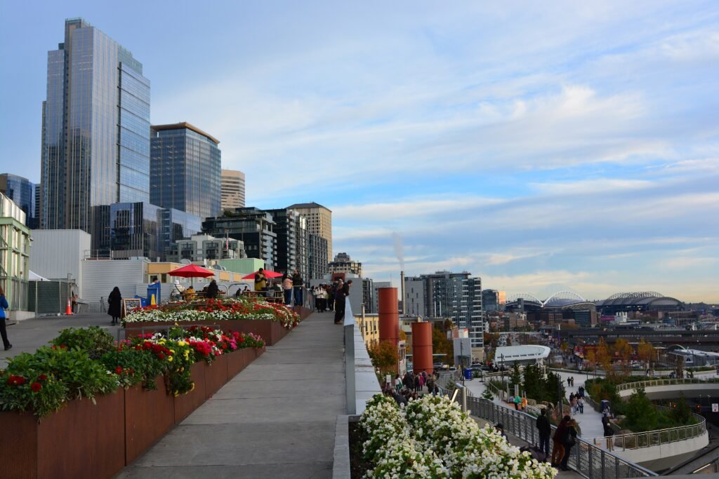 Seattle Overlook Walk linking Pike Place Market to the waterfront with downtown towers behind it