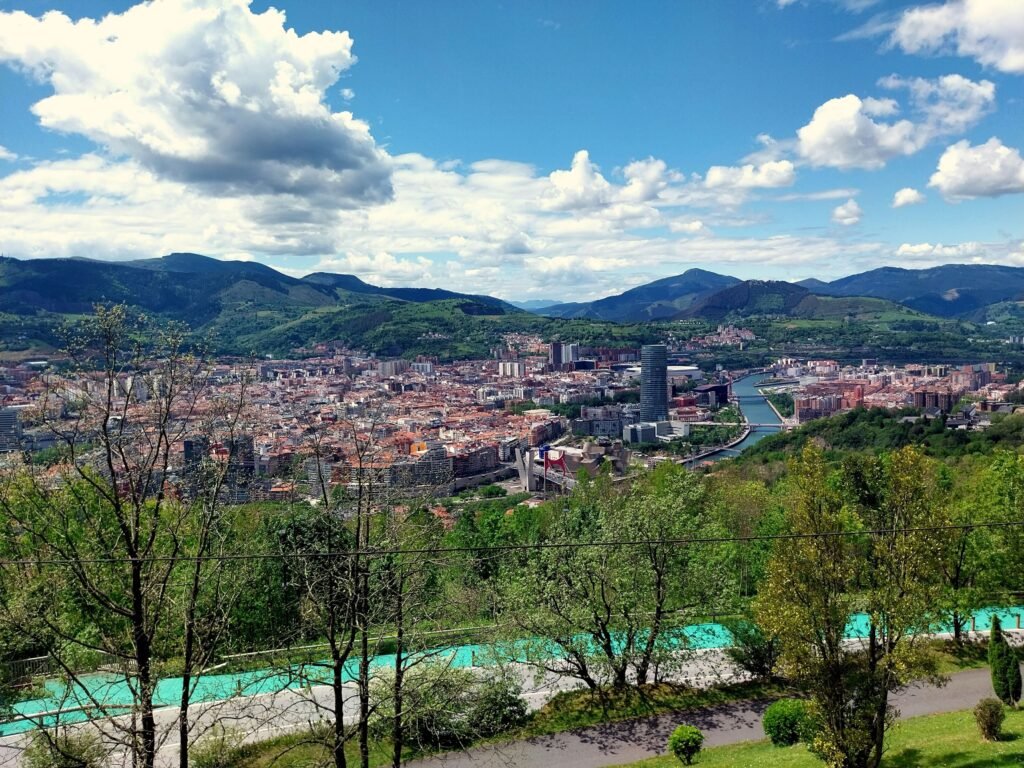 Bilbao city center and river seen from the green slopes of Artxanda