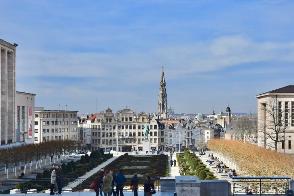 View downhill from Mont des Arts across its gardens toward central Brussels