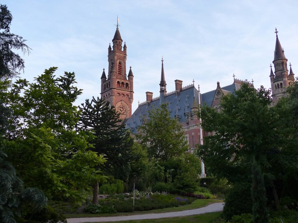 Peace Palace in The Hague seen through its garden