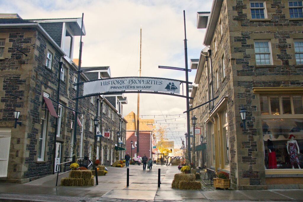 Pedestrian passage between stone buildings at Historic Properties in Halifax