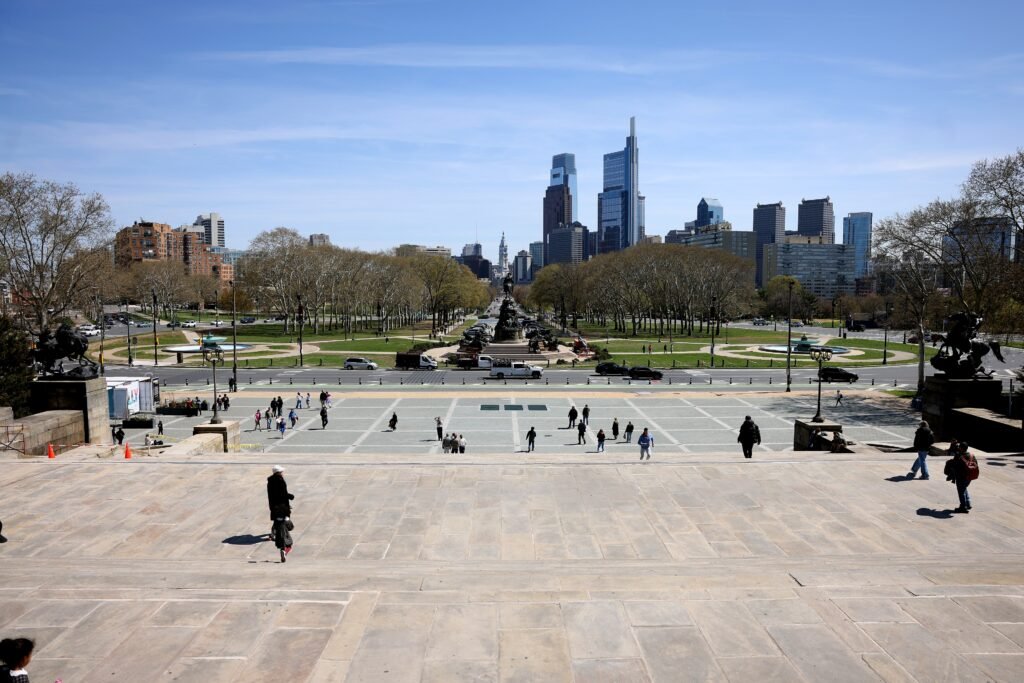 Philadelphia skyline viewed from the steps of the Philadelphia Museum of Art