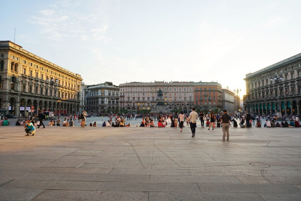 Piazza del Duomo in Milan with the cathedral and equestrian monument