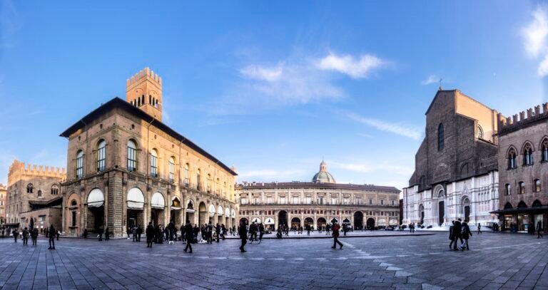 Piazza Maggiore in Bologna with porticoes and historic civic buildings