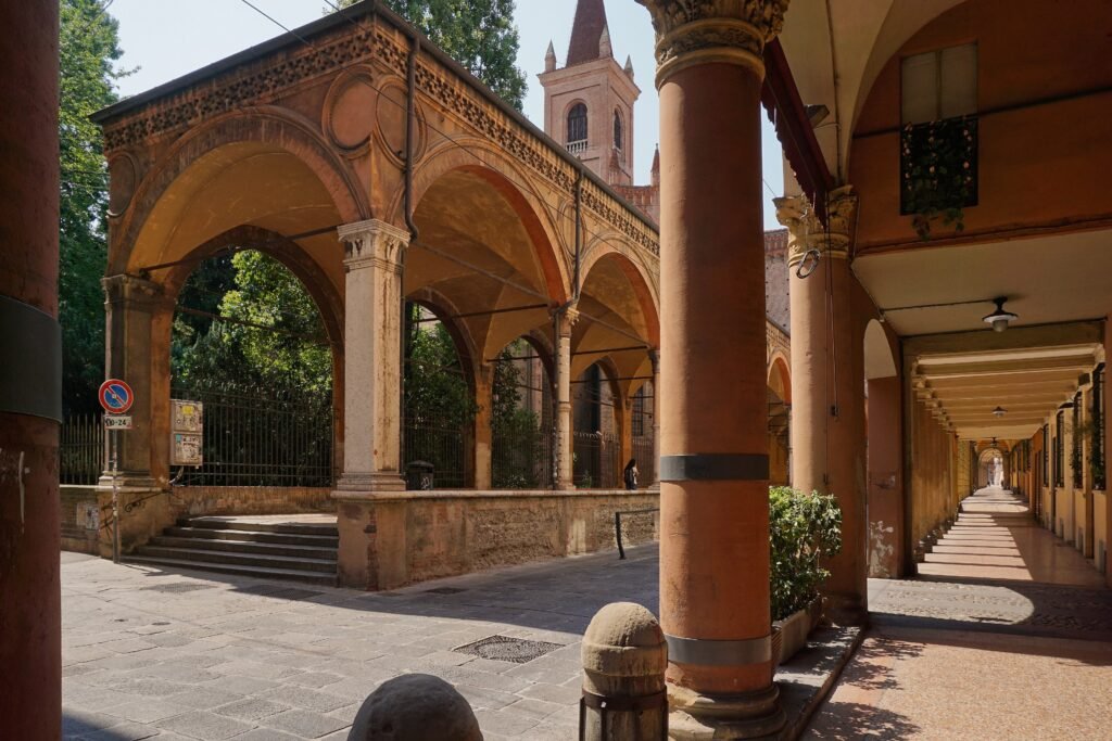 Long covered portico walkway on Strada Maggiore in Bologna
