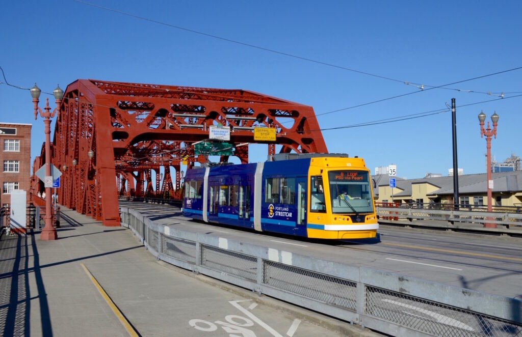 Portland Streetcar traveling near the Broadway Bridge