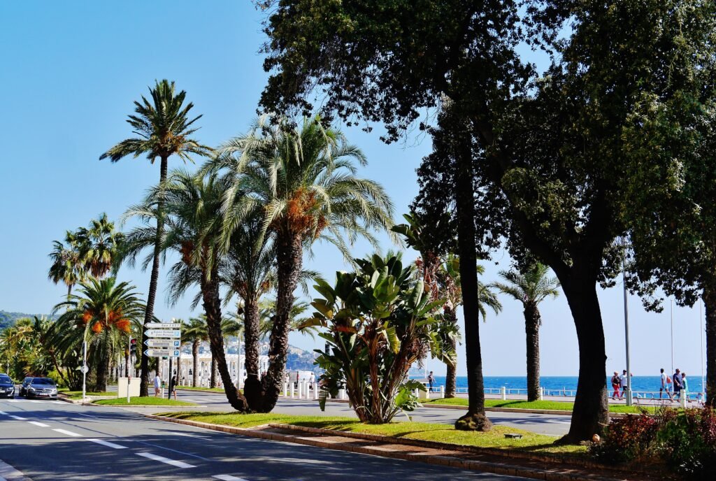 Promenade des Anglais curving beside the Mediterranean in Nice