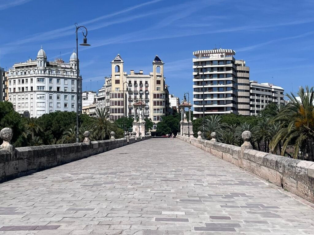 Puente del Mar crossing the green Turia Gardens in Valencia