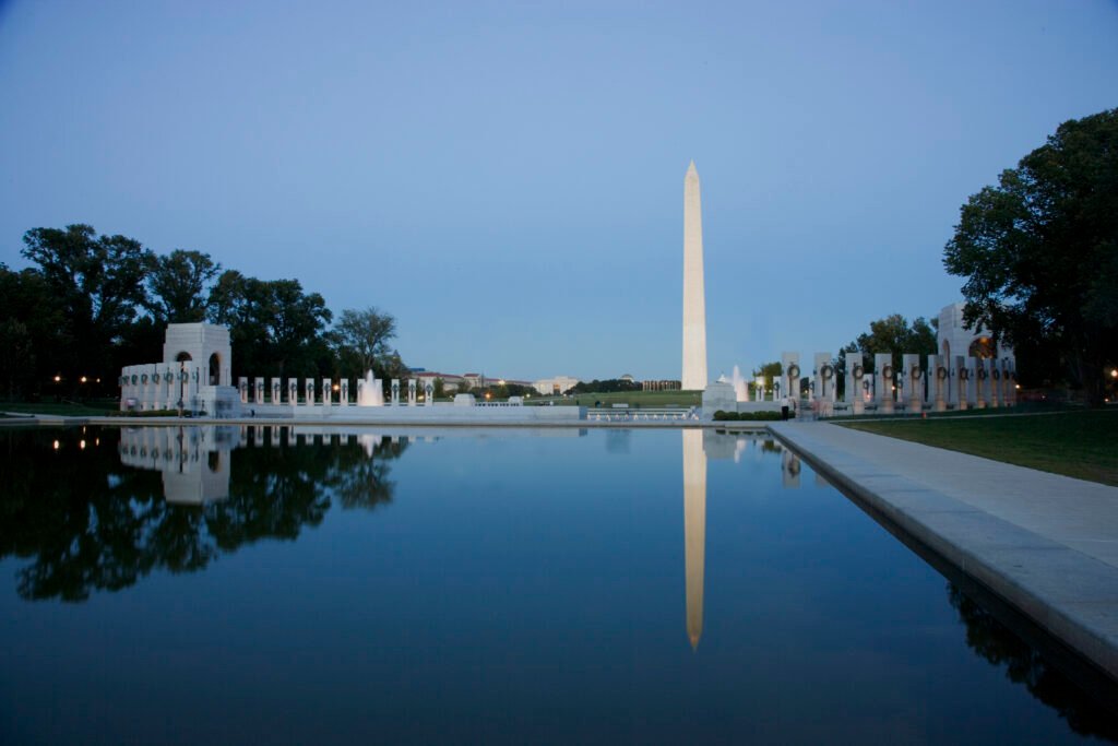 Reflecting Pool on the National Mall with the Washington Monument reflected at dusk