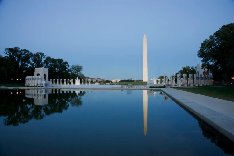Reflecting Pool on the National Mall with the Washington Monument reflected at dusk
