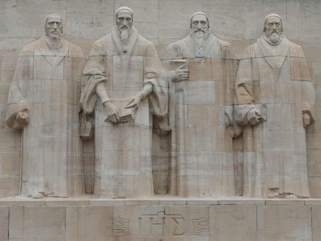 Central statues of the Reformation Wall in Parc des Bastions, Geneva