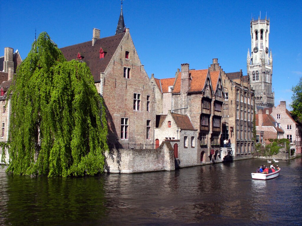 Canal and historic buildings at Rozenhoedkaai in Bruges