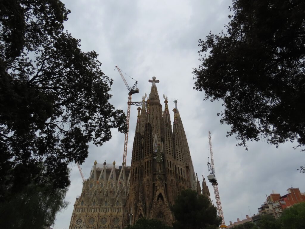 Sagrada Família towers and construction cranes in Barcelona in April 2026