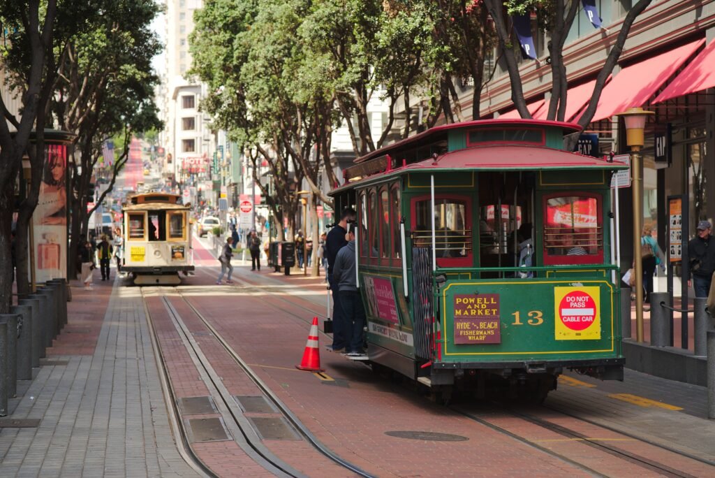 San Francisco cable car on tracks near Market Street